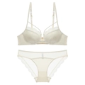 Französisches Spitzen-Dessous-Set mit Vorderverschluss und Bügel in Cremeweiß - 70B / Aprikose