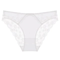 Elegant white floral lace thong with a delicate bow and soft scalloped edges for women - S / White