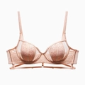 Detail of pink lace bra featuring delicate floral embroidery and sheer mesh texture - 70A / Tops / Pink