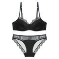 French style black lace satin lingerie set with thin straps and delicate embroidery - 70A / Top And Bottom / Black