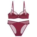 French style wine red lace lingerie set with semi-sheer mesh and silver metal accents - 70B / Burgundy