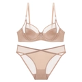 Elegant champagne mesh lingerie set featuring a supportive underwire bra and matching panties - 70B / Nude