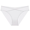 Minimalist white low waist briefs with sheer mesh panels and criss-cross strappy waist design - S / White
