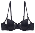 Sexy black front-closure lace bra with thin mesh panels and striped satin texture - 70A / Black Top