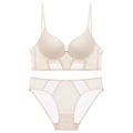 Seamless French U-shaped beige lingerie set with sheer mesh patchwork and push-up design - 70A / Set / Nude
