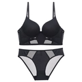 French style seamless U-shaped push-up bra and mesh panty set in elegant black - 70A Thick Cup / Top And Bottom / Black