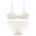 Detail of elegant off-white lace lingerie set with floral embroidery and mesh texture - 70A / Top And Bottom / Apricot