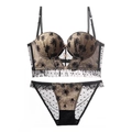 Sexy black lace lingerie set with gold floral embroidery and U-shaped push up bra - 70B / Black