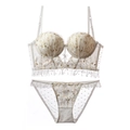 Sexy white lace lingerie set with U-shaped gold floral embroidery and mesh details - 75B / White