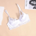Elegant white satin and lace bra for women featuring thin straps and underwire support - S / White