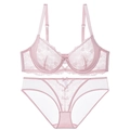 Completo intimo rosa in pizzo trasparente con ricamo a cuore e slip coordinati - Rosa / 70C
