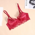 Elegant red lace and satin bra for women featuring underwire support and thin cups - S / Burgundy