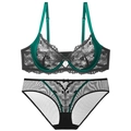 Set lingerie sexy in raso verde scuro e pizzo nero con ricamo a cuore e fiocco - 70B / Patchwork Verde e Nero