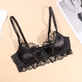Elegant black satin and lace half-cup bra with adjustable straps and floral detailing - S / Black