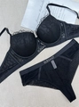 Detail of black lace lingerie set with rose embroidery and Elegant letters on band - 75B / Top And Bottom / Black