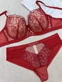 Detail of red lace lingerie set with rose embroidery and elegant rhinestone lettering - 75C / Top And Bottom / Red