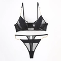 Sexy black mesh lingerie set with golden chain straps and matching thong on white background - S / Black