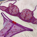 Ensemble de lingerie sexy en tulle violet avec imprimés nœuds rouges et armatures - S / Haut Et Bas / Violet