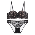 Eleganteres Set aus schwarzem trägerlosem Spitzen-BH und Slip mit Push-Up-Effekt - 70A / Set mit schwarzen Zirkonia