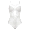 Detailed white lace bodysuit featuring floral patterns, hollow-out design and ribbon bow - 75C / Set / White