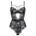 Close-up of black floral lace bodysuit featuring decorative bow and mesh textures - 75C / Set / Black