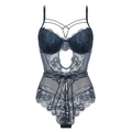 Detail of navy blue lace bodysuit featuring floral embroidery and a satin bow accent - 70B / Dresses / Grey Blue