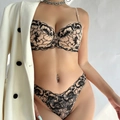 Sexy French embroidered floral lace bra and panty set in apricot and black contrast - M / Top And Bottom / Nude