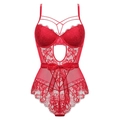 Red floral lace teddy bodysuit with underwire cups and satin bow waist detail - 70B / Dresses / Red