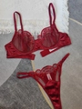 Flat lay of red lace lingerie set featuring sheer mesh and delicate dotted embroidery detail - S / Red