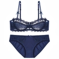 Ensemble de lingerie en dentelle bleu foncé avec broderie florale et soutien-gorge - Bleu Set / 70A