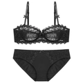 Set lingerie sexy in pizzo nero con reggiseno push-up mezza coppa e ricami floreali - 70A / Set con Zirconia Nera