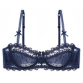 Sexueller dunkelblauer Spitzen-Halbschalen-BH mit Blumenmuster und Seidenschleife - 70A / Blau