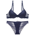 Conjunto de lencería de encaje azul marino con sujetador push-up y bragas semitransparentes - 70A / Azul Real