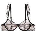 Soutien-gorge français en dentelle noire avec broderie et bretelles à volants sur fond blanc - S / Noir