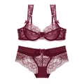 Burgundy lace lingerie set featuring ultra-thin unlined bra and matching panty with bows - 70A / Burgundy