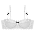 Eleganter weißer Spitzen-BH mit halbtransparenten Blumenmustern und schwarzen Bogendetails - 70A / Weiß