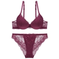 Burgundy floral lace lingerie set with push-up bra and semi-sheer mesh panties - Burgundy