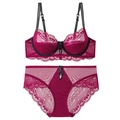 Lace lingerie set with wine red floral embroidery and elegant black contrast details - 70B / Top And Bottom / Red