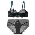 French style black lace lingerie set with dark green trim and hollow-out detailing - 70B / Top And Bottom / Black