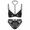 Französisches schwarzes Lingerie-Set mit Herz-Netz-Stickerei und Neckholder-BH-Design - 70B / Oberteil Und Hose (Schwarz)