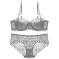 Completo intimo in pizzo floreale grigio con reggiseno a mezza coppa e fiocco rosa - 70A / Grigio