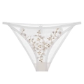 Weißer bestickter Spitzen-Tanga mit champagnergoldenen Blumenmustern und dünnen Bändern - S / Weiß
