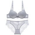 Sexy deep V lace lingerie set in light grey with floral patterns and delicate pendants - 70A / Gray
