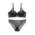 Sexy black lace lingerie set with mesh patchwork and gold ring details in a classic flat lay - 70B / Black