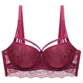 Detail view of burgundy floral lace bra with multi-strap crisscross shoulder design - 70A / Tops / Burgundy