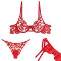 Ensemble lingerie en mesh rouge transparent avec broderies lèvres et soutien-gorge - S / Haut Et Bas / Ensemble Bikini Trois Pièces B
