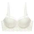 Detailed close-up of white floral lace bra featuring cross-strap details and wide mesh band - 70A / Tops / White