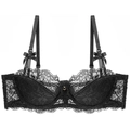 Franse sexy zwarte kanten beha met 1/2 cup design, bloemenpatronen en goudkleurig detail - 70A / Zwarte Top