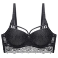 Detail view of black sexy lace push-up bra featuring cage straps and intricate floral patterns - 70B / Black