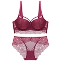 Close-up of wine red lace lingerie set with push-up underwire bra and scalloped edges - 70A / Bra & Panty Set / Burgundy